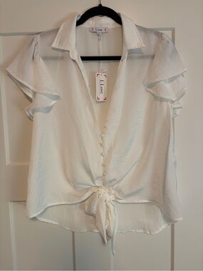 L Love White Tie-Front Ruffle Sleeve Button Blouse